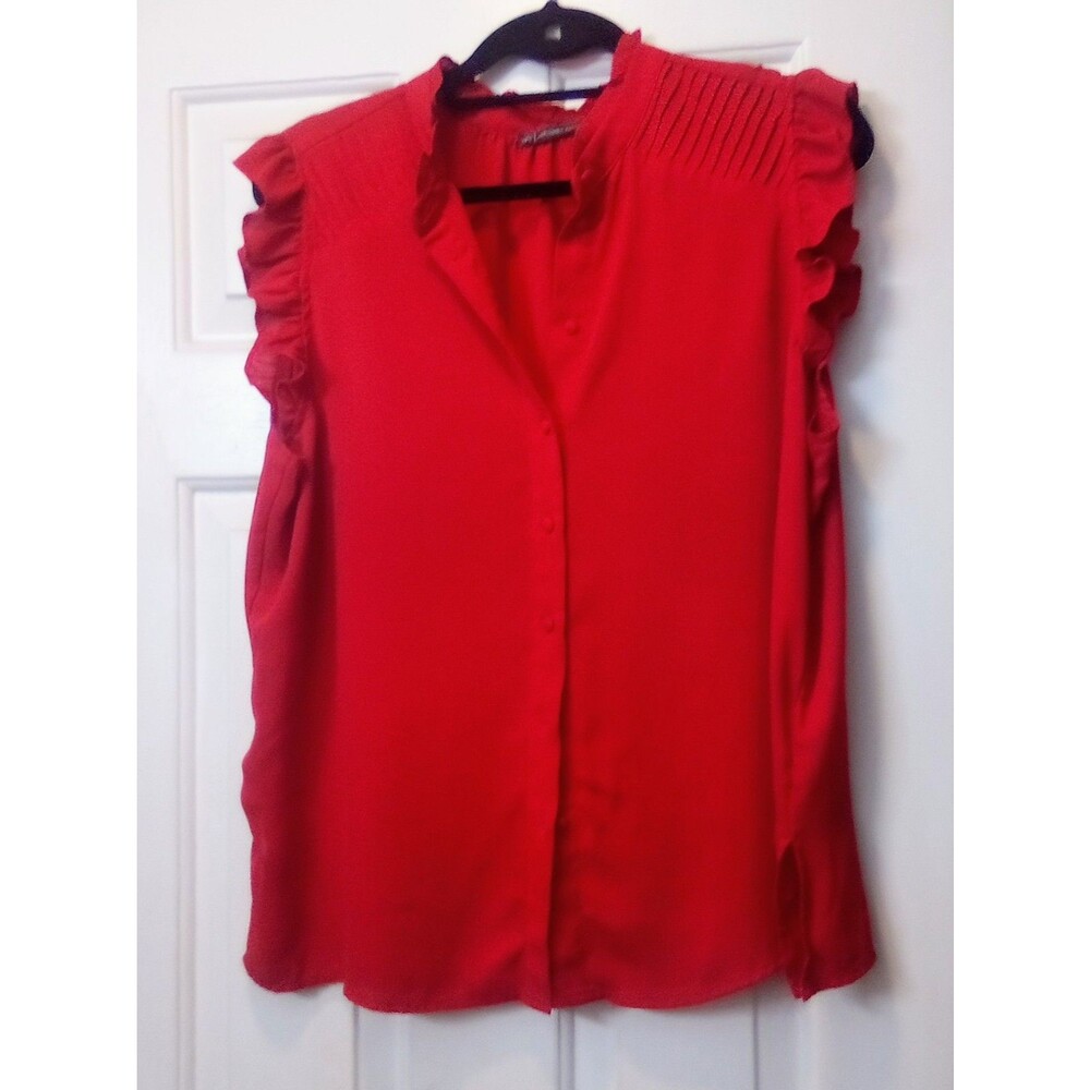 Adrianna Papell Women’s Red Solid V-Neck Button-Front Sleeveless Blouse L/XL